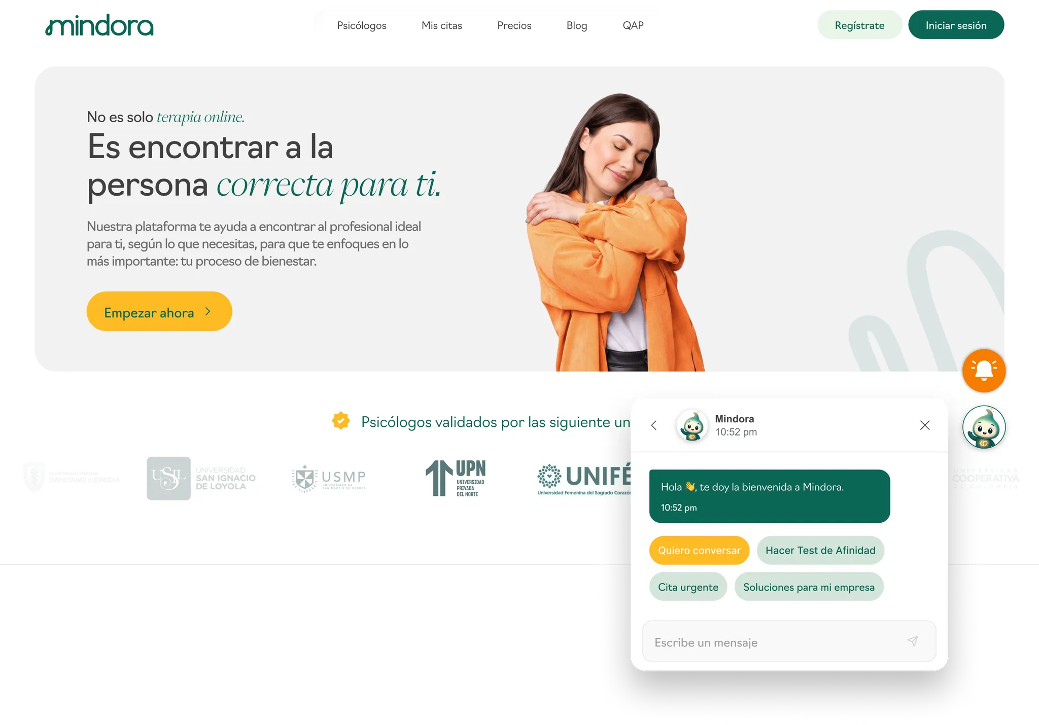 Página principal de la plataforma de salud mental Mindora