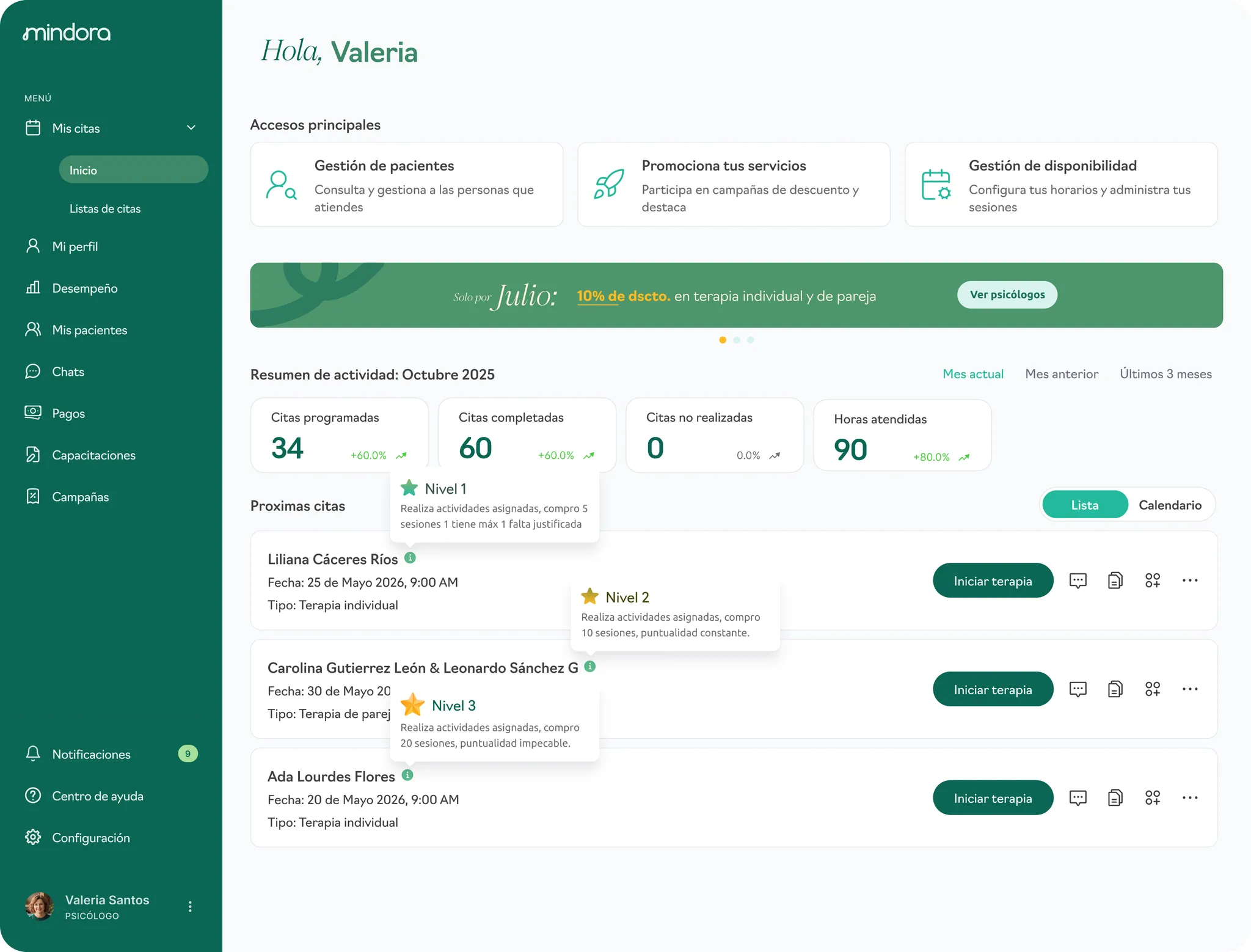 Mindora: panel de gestión profesional